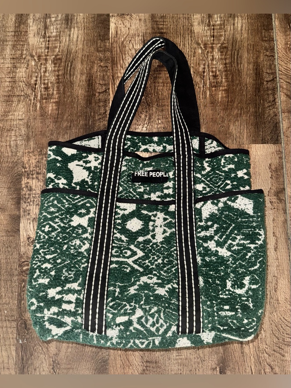 Free People Green & White Patterned Canvas Tote with Black Straps